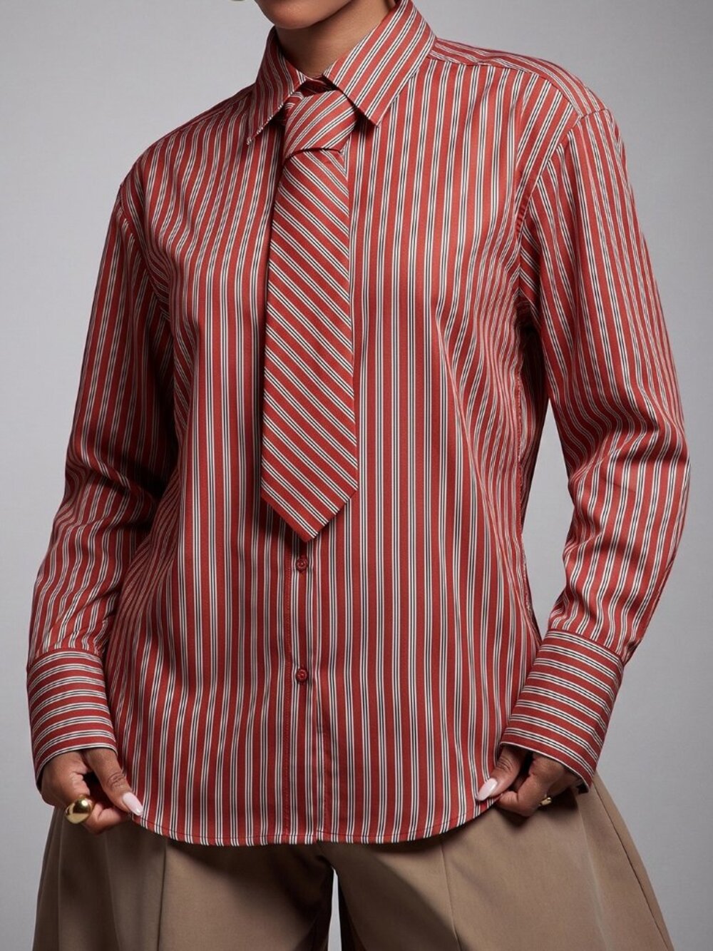 Red Casual Women's Button Front Long Sleeve Striped Shirt